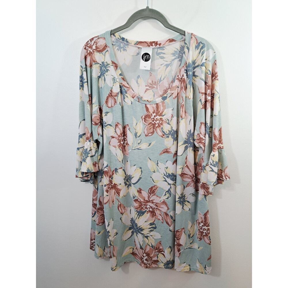 JM Women's Blouse Light Blue Floral Large 3/4 Sleeve Round Neck